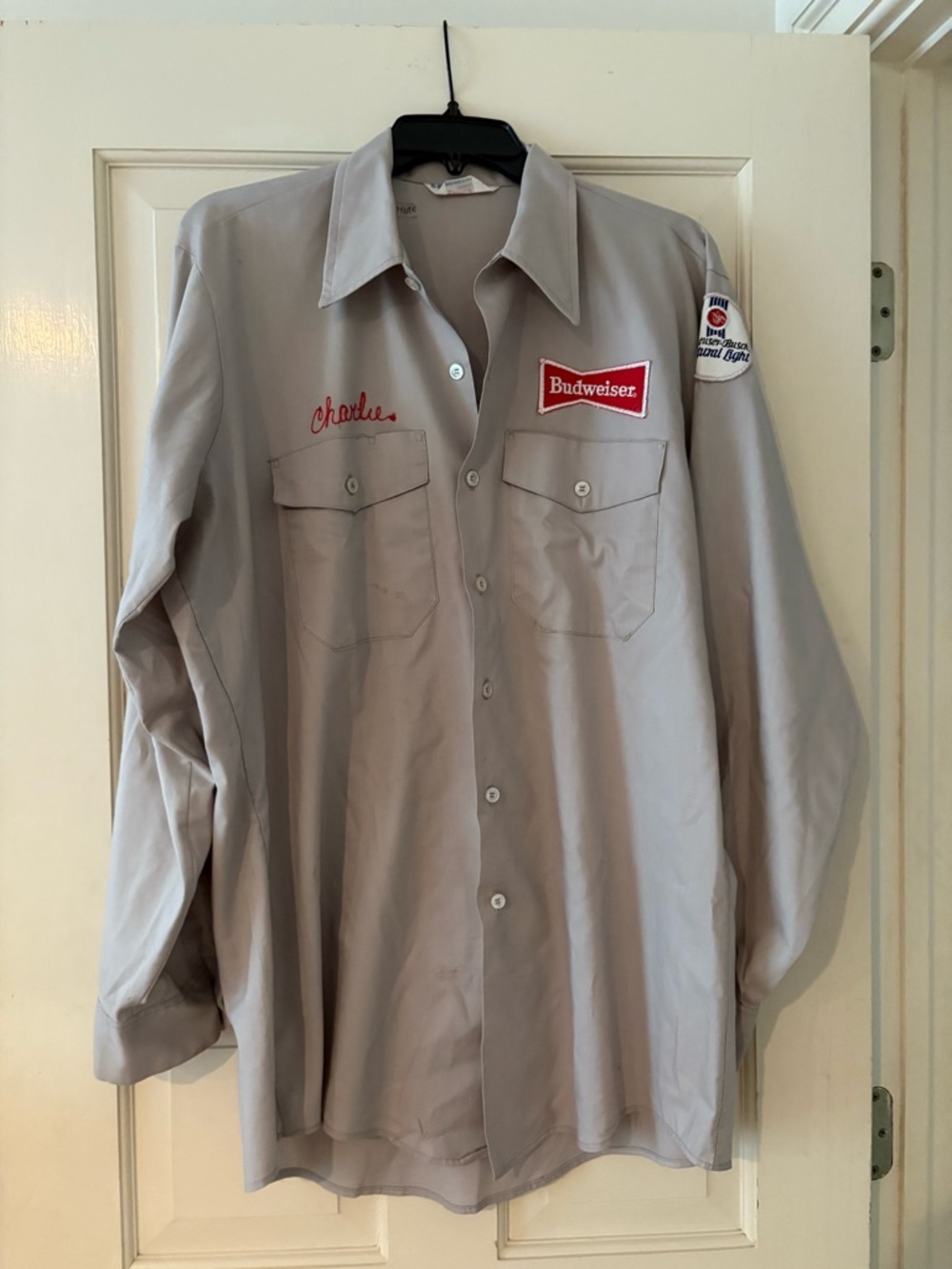 BudweiserVintage  Embroidered Work Shirt in Light Khaki. “Charlie” size L